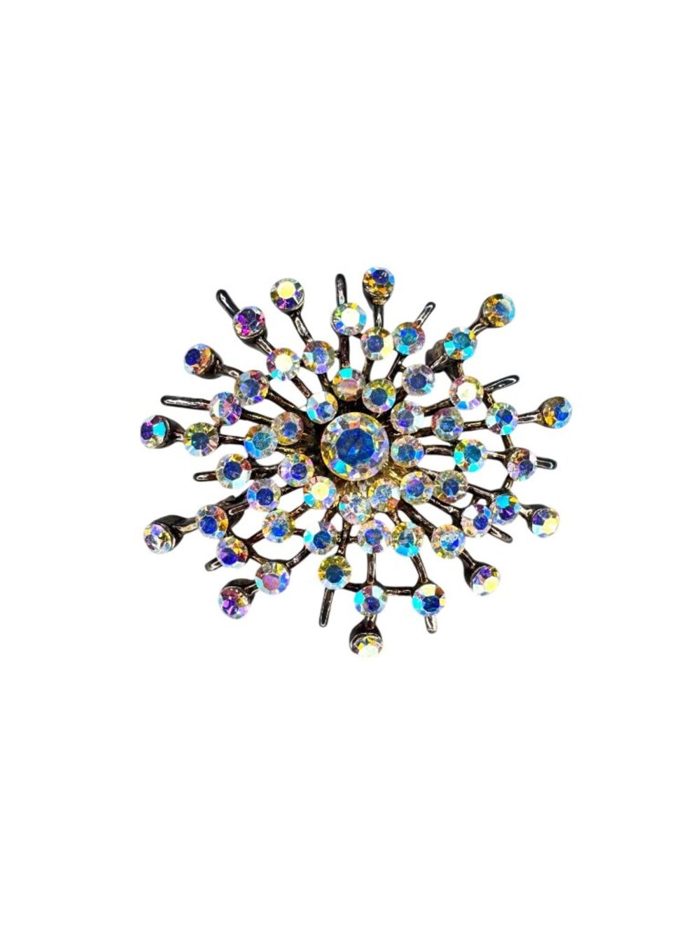 Starburst Brooch Aurora Borealis Crystal Gunmetal Atomic Unsigned Vintage